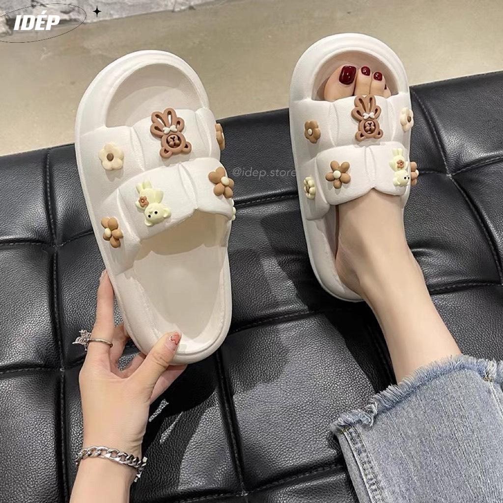 Dép Bánh mì hình vuông gắn sticker GẤU TEDDY cao 3cm nữ quai ngang chất EVA siêu nhẹ iDÉP - DL264