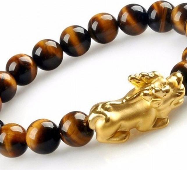 Vòng Tay Opal Mắt Hổ Tự Nhiên Charm Tỳ Hưu Bạc Mạ Vàng 9MM