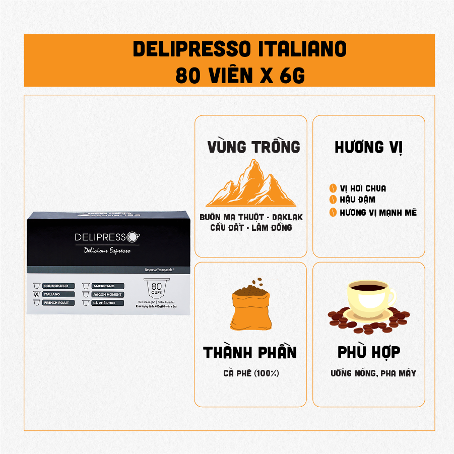 Cà phê Delipresso Italiano 80 viên x 6g -Cà phê viên nén Delipresso Italiano - Viên nén cà phê - Cà phê pha máy - Phương Vy Coffee