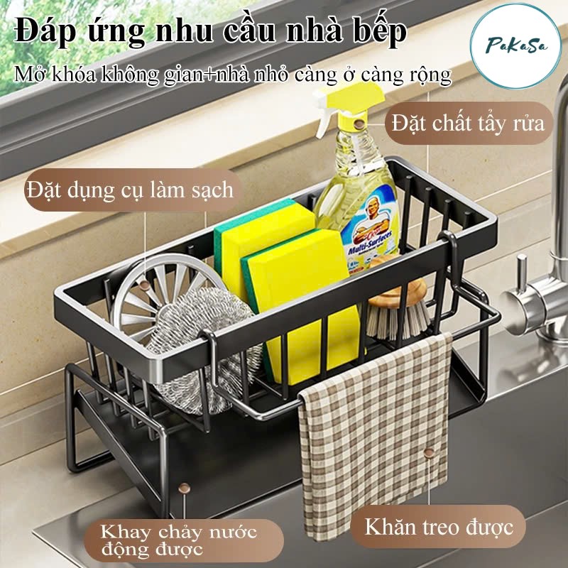Kệ đựng đồ rửa chén bát PaKaSa có giá để giẻ rửa chén trên bồn có khay hứng nước nghiêng thép không gỉ - Hàng chính hãng