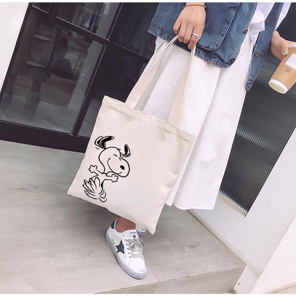 Túi tote vải mộc GINKO basic có dây kéo khóa miệng túi đựng vừa laptop 14 inch và nhiều đồ dùng khác in hình Snoopy and Friends M101