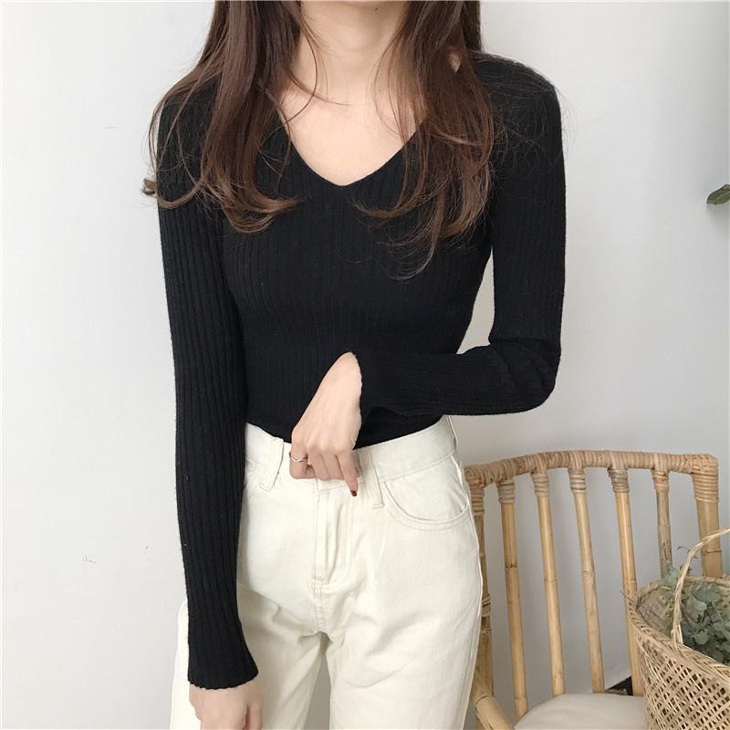 Áo len tăm cổ tim V nữ mềm mịn co giãn nhiều màu dễ phối đồ hàng Quảng Châu loại 1 AL02
