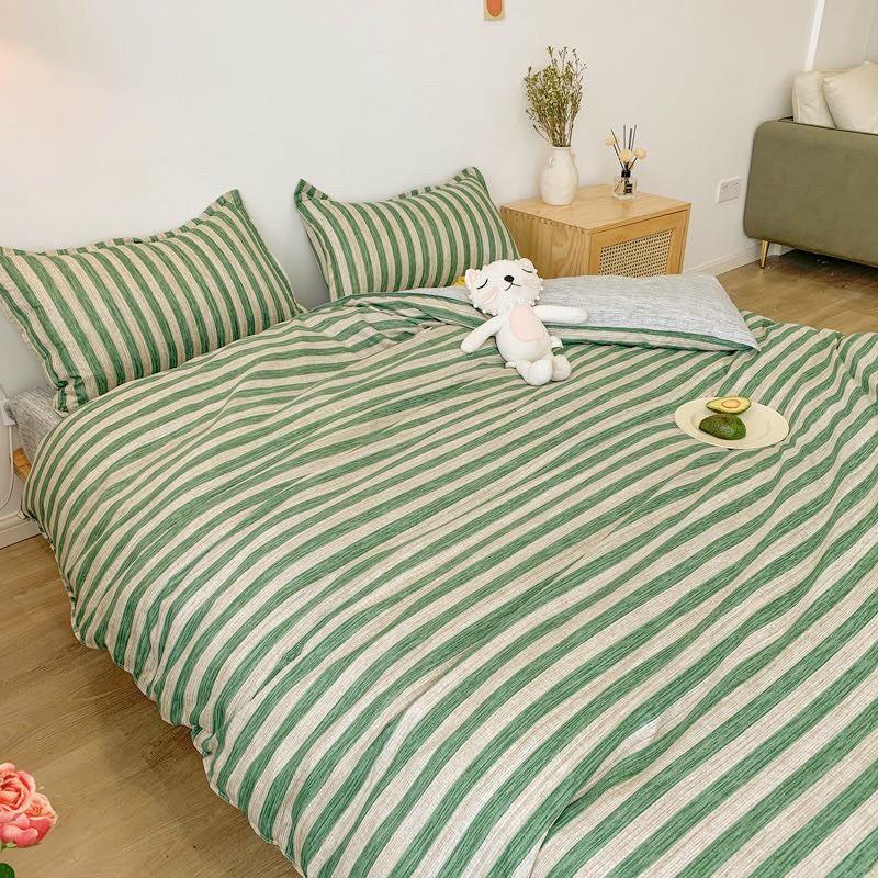 Bộ chăn ga gối Coton poly M2T bedding xanh lá sọc, vỏ chăn mền, drap giường và 2 vỏ gối