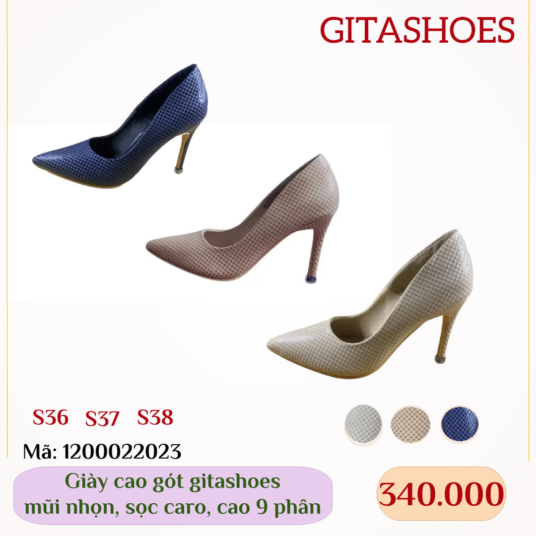 Giày cao gót gitashoes mũi nhọn, hình sọc caro, cao 9 phân - 1200022023