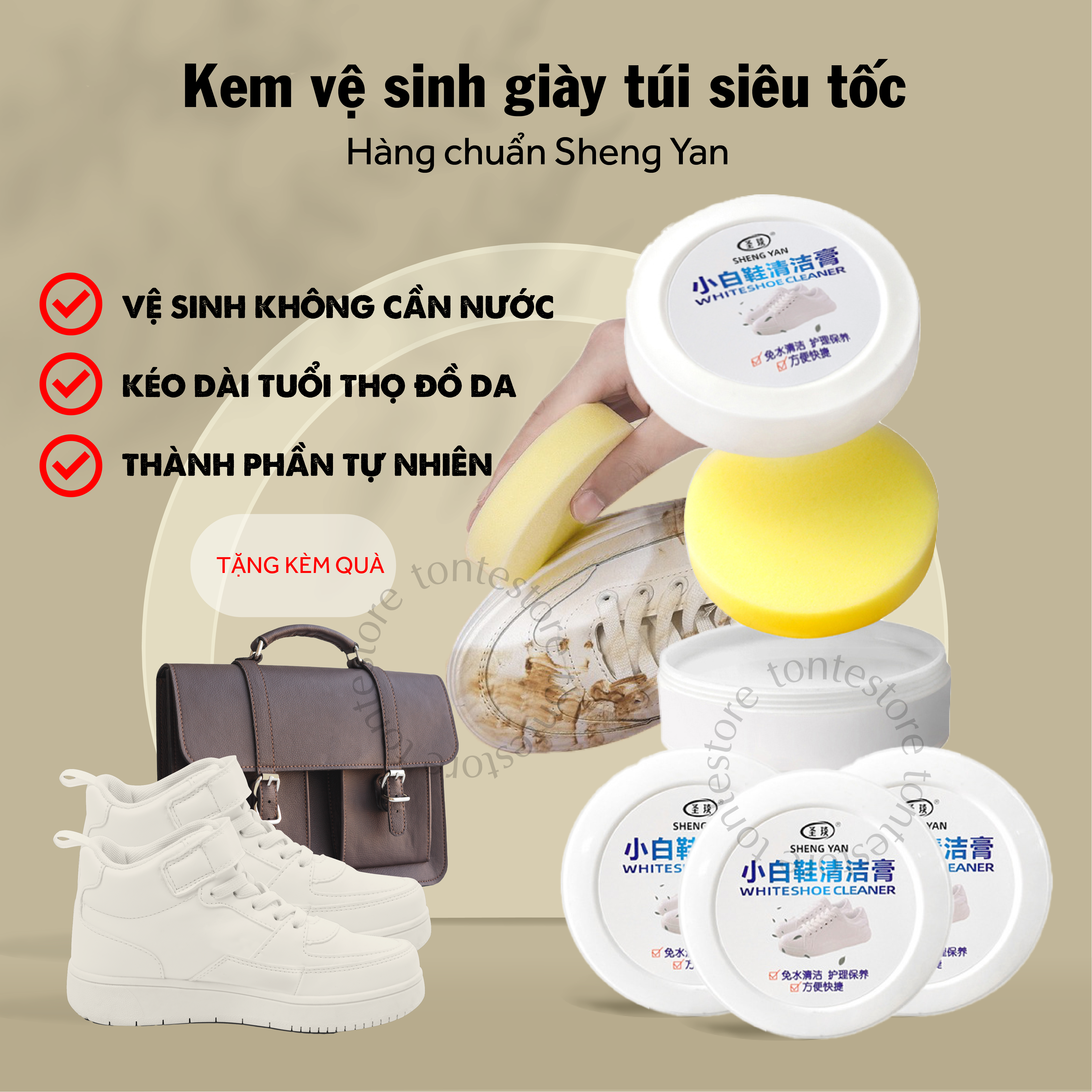 Kem vệ sinh giày, đồ da, ba lô, túi xách chuẩn Sheng Yan- không cần nước, mùi thơm dịu