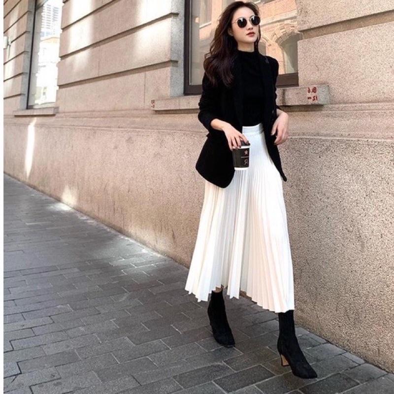 Chân váy xếp ly dáng dài vintage freesize lưng thun thoải mái, may 2 lớp chất liệu voan cát, nữ tính - Suri House