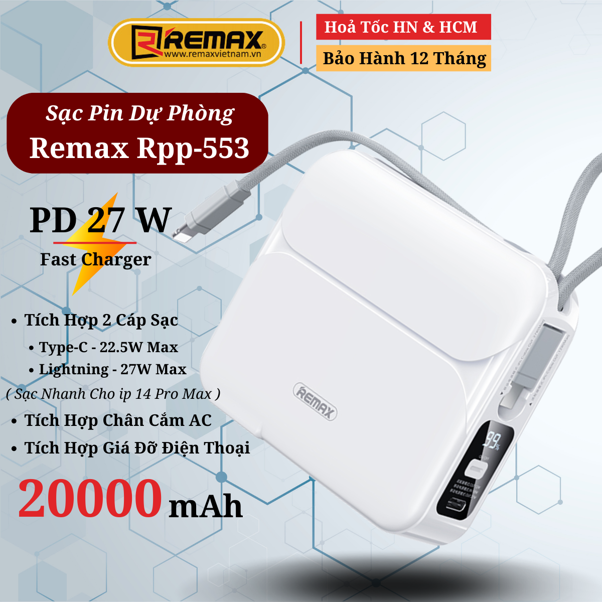 Sạc Dự Phòng Đa Năng 20000mAh Sạc Nhanh 27W Cho 14 Pro Max - Remax RPP-553 Tích Hợp 2 Cáp Sạc Nhanh, Chân Cắm AC và Giá Đỡ Điện Thoại - Hàng Chính Hãng Remax Bảo Hành 12 Tháng Lỗi 1 Đổi 1