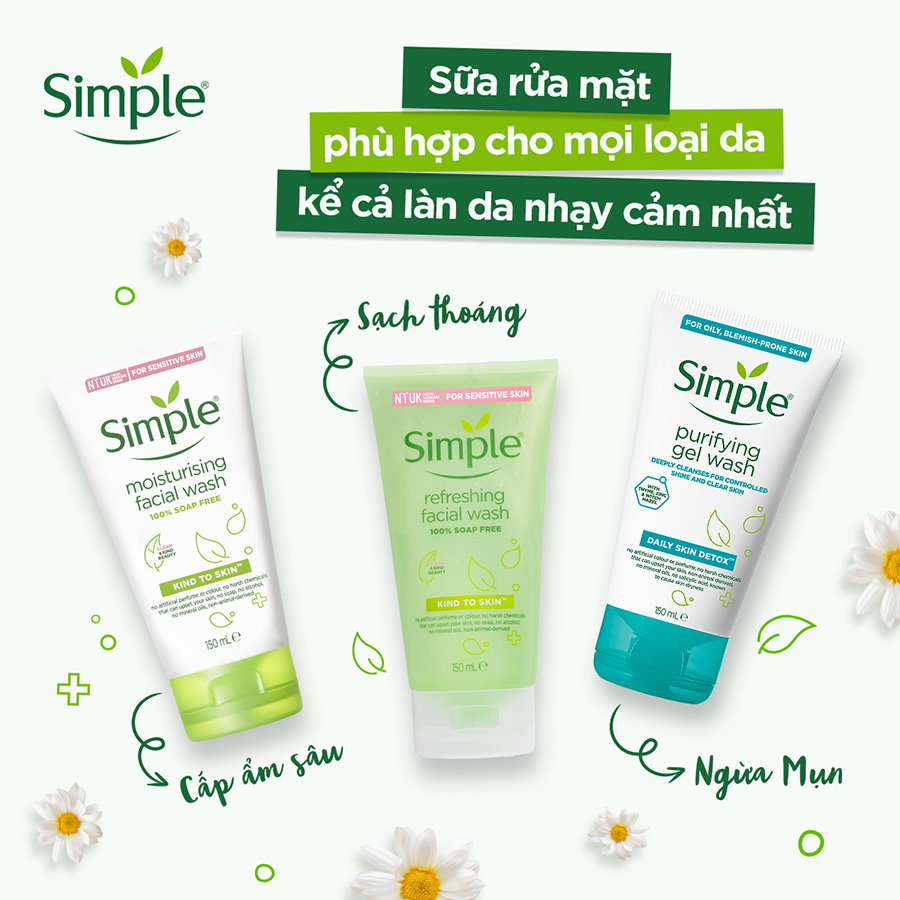 Sữa rửa mặt Simple giúp cấp ẩm, da trông khỏe và mịn màng - cho da khô nhạy cảm 150ml [CHÍNH HÃNG ĐỘC QUYỀN] [MỚI]