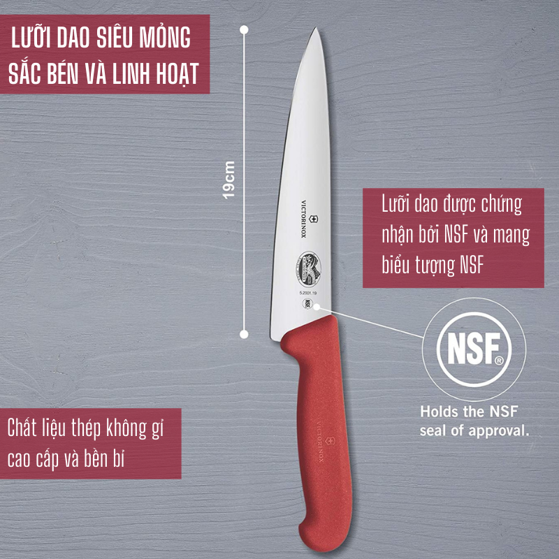 Dao Làm Bếp Chuyên Thái VICTORINOX Fibrox Lưỡi 19cm Thép Không Gỉ Tay Cầm Nhựa TPE Cao Cấp - Sản xuất tại Victorinox Thụy Sỹ