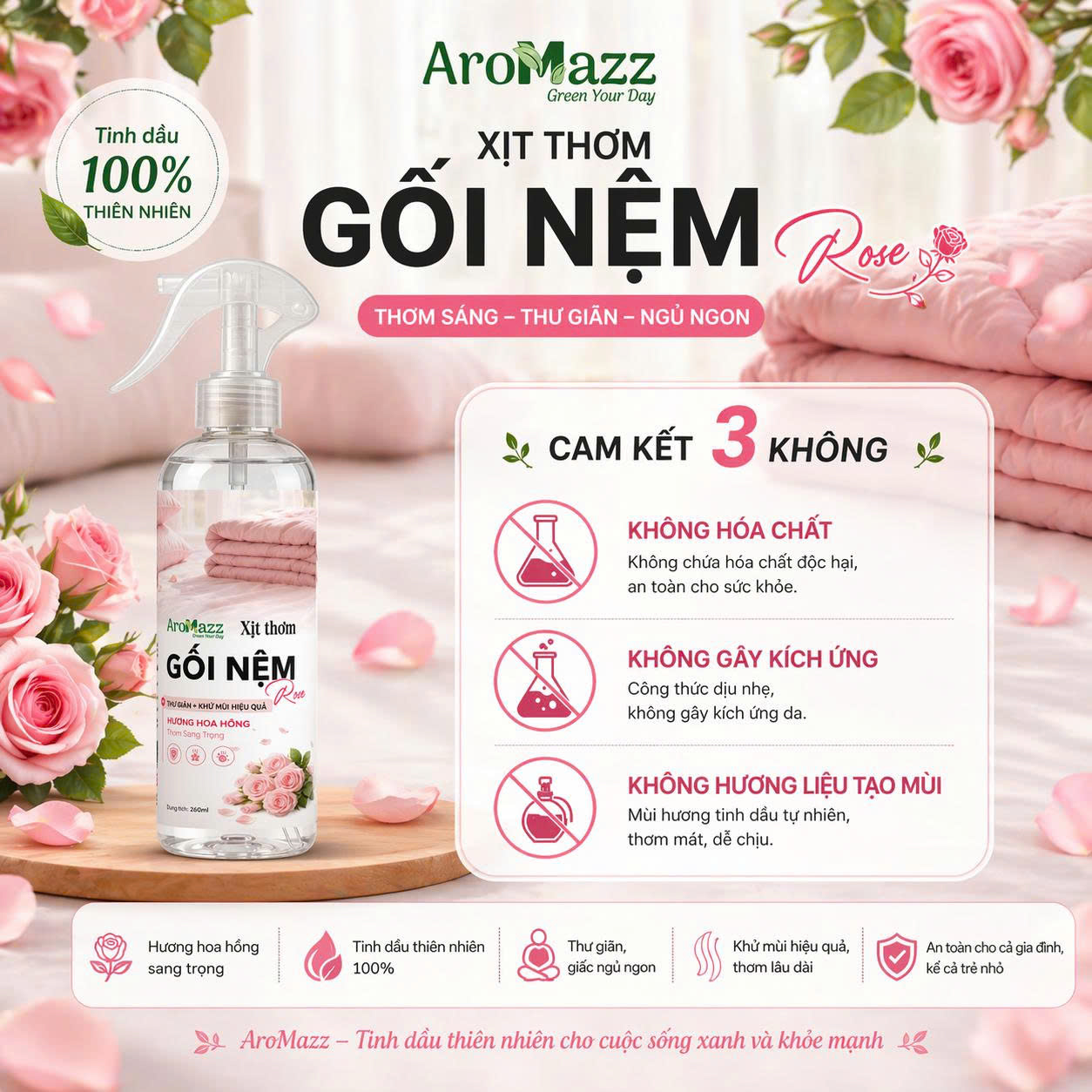 Xịt Thơm Chăn Ga Gối Nệm AroMazz, Khử Mùi Chăn Ga Gối Nệm Thư Giãn Ngủ Ngon Thành Phần Lành Tính An Toàn Sử Dụng Hàng Ngày