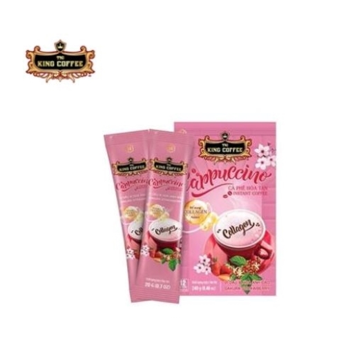 Cà Phê Hòa Tan Cappuccino Collagen Sakura Strawberry KING COFFEE-Hộp 12 gói x 20g - Hương Vị Dâu với Lớp bọt kem cực mịn