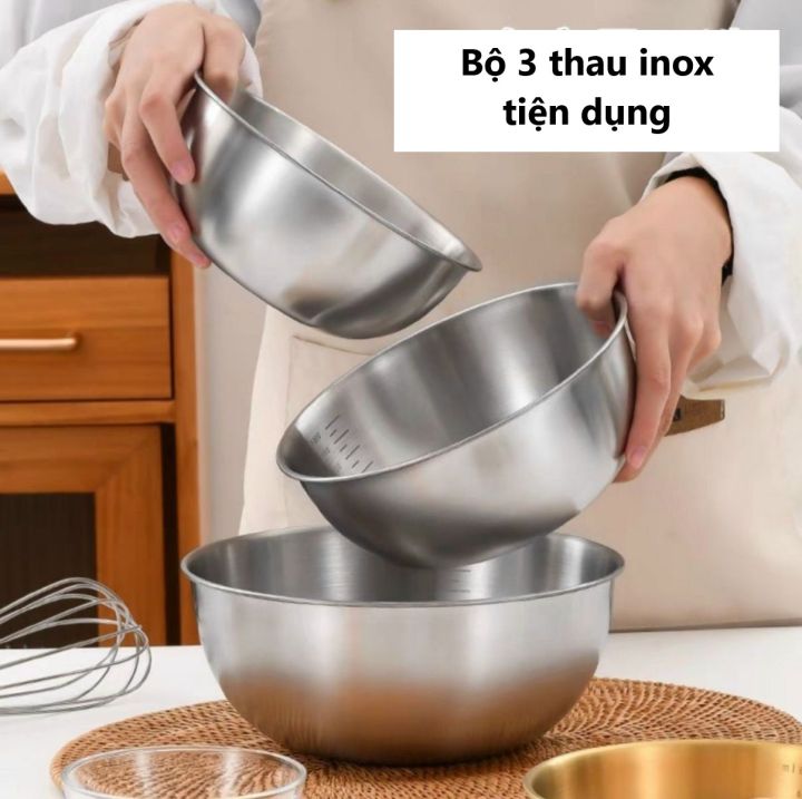 Set 3 Tô Inox Trộn Bột, Salat, Làm Bánh Size 17-19.5-24cm, Có vạch Chia định lượng