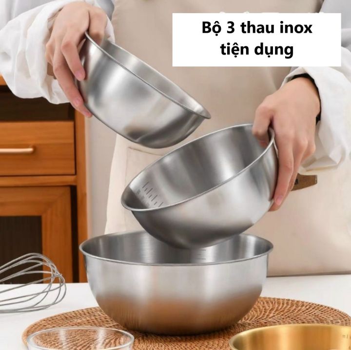 Set 3 Tô Inox Trộn Bột, Salat, Làm Bánh Size 17-19.5-24cm,  Có vạch Chia định lượng