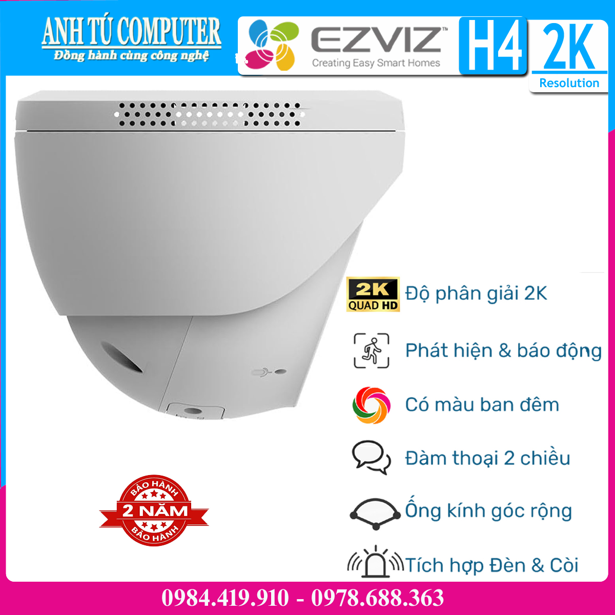Camera WiFi bán cầu 3MP EZVIZ H4 2K Hàng chính hãng