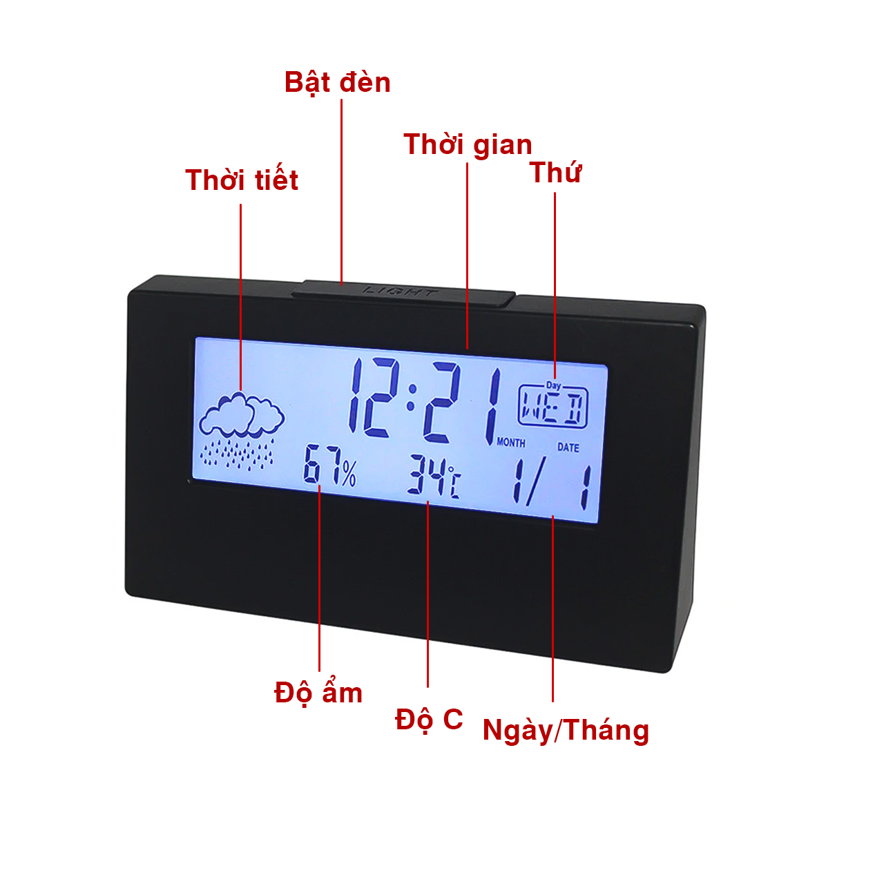 Đồng hồ báo thức điện tử để bàn đa năng, màn hình led, hiển thị lịch, nhiệt độ, độ ẩm - hàng chính hãng