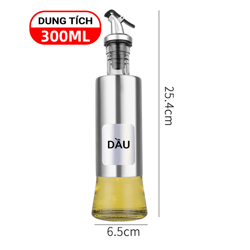 Chai rót dầu ăn thủy tinh bọc Inox 304, chai chiết gia vị 300ml, lọ gia vị nhà bếp