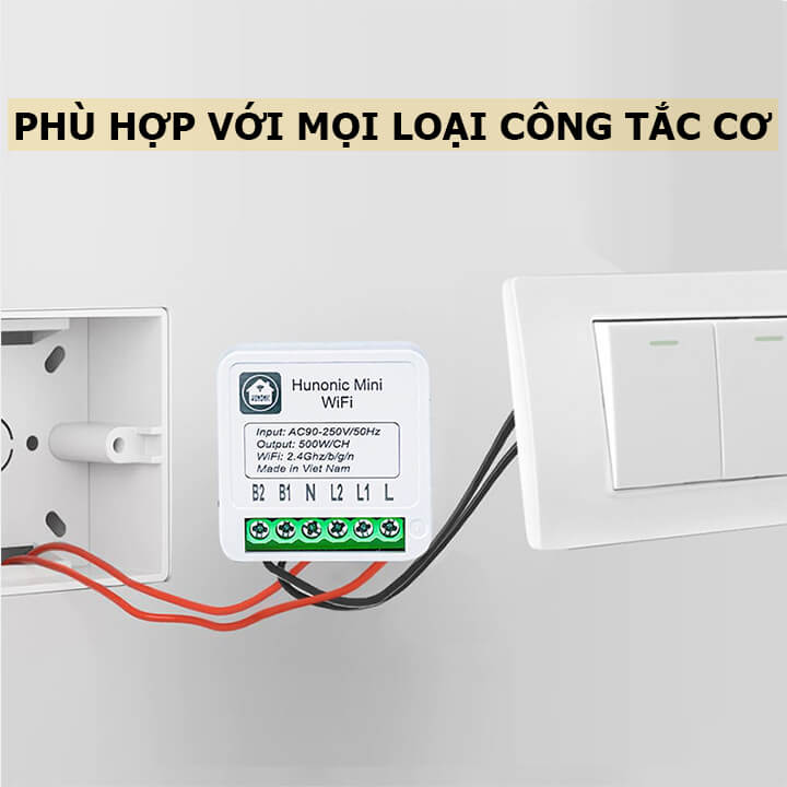 Công tắc Wifi Hunonic Mini 2 kênh 500W/kênh - LẮP SAU CÔNG TẮC ÂM TƯỜNG - Điều khiển từ xa bằng điện thoại