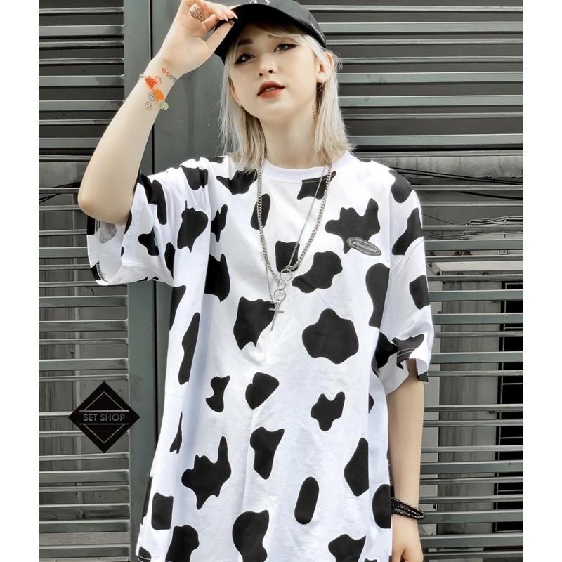 Áo thun cotton tay lỡ Unisex -- ÁO Loang Bò Sữa LOGO TAY LỠ Dáng Dài --Bống Store