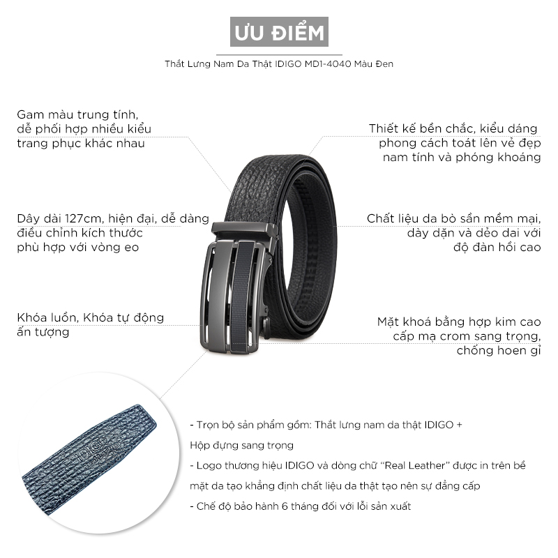 Thắt Lưng Nam Da Thật IDIGO MD1-4040 Màu Đen