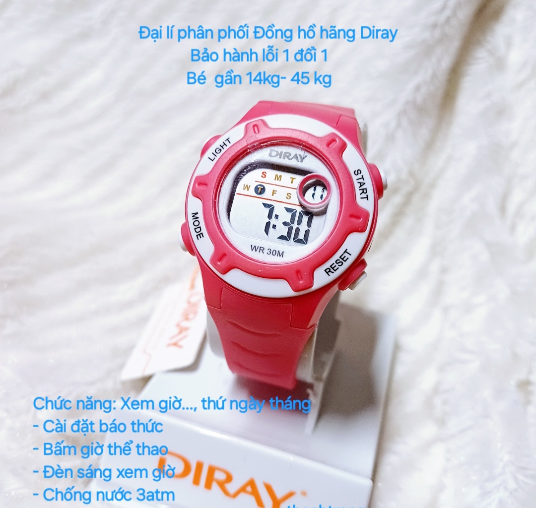 Đồng hồ điện tử trẻ em Diray cho bé tay nhỏ 14 kg -45kg, dây silicone, chống nước có bảo hành