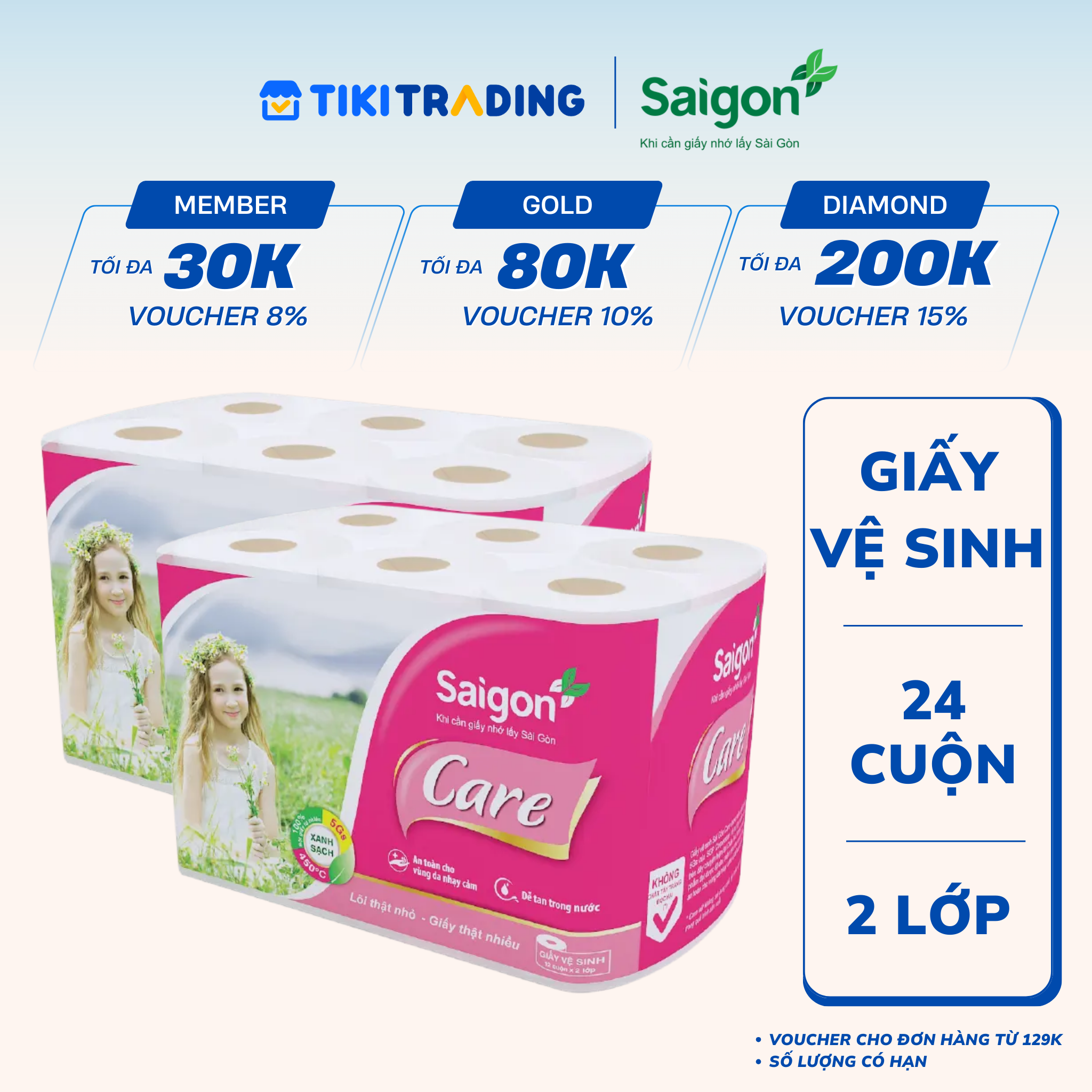 Combo 2 Lốc Giấy Vệ Sinh Sài Gòn Care (Lốc 12 Cuộn)