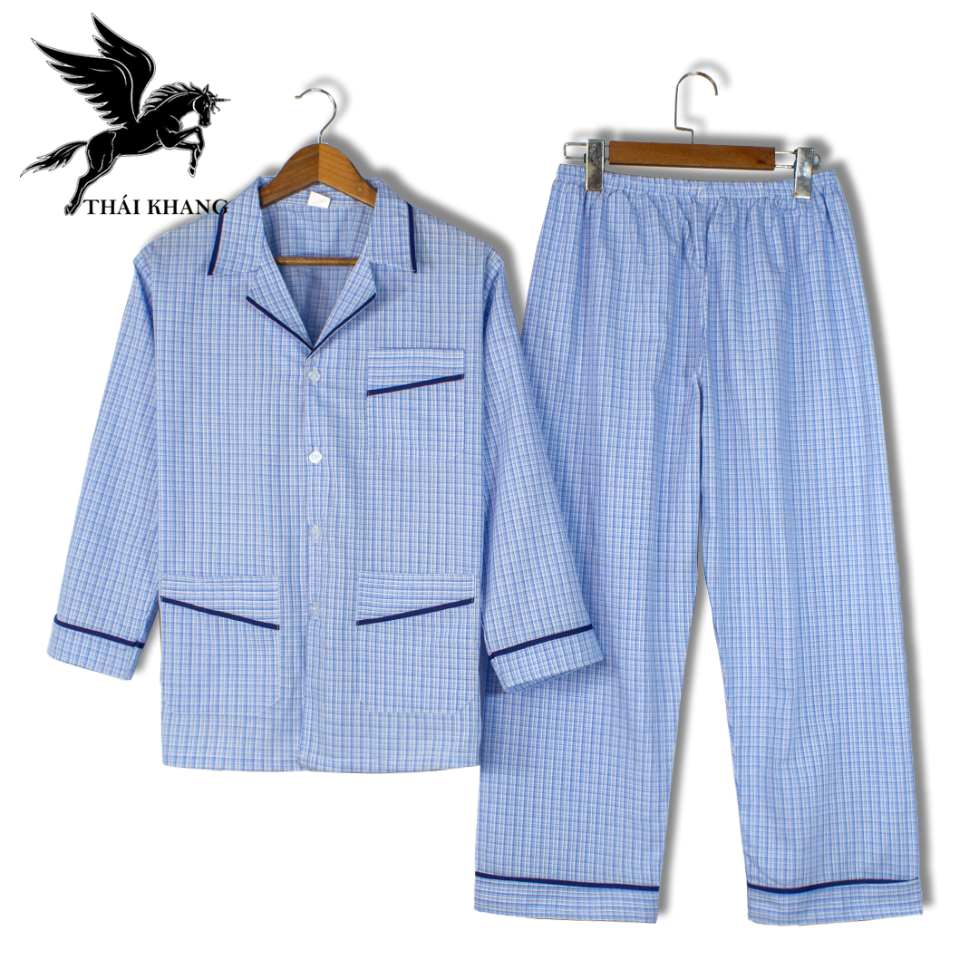 Bộ pijama nam dài tay trung niên vải cotton mặc mát thoải mái cho người già loại bộ đồ trung niên pijama mặc nhà loại caro (Giao ngẫu nhiên)