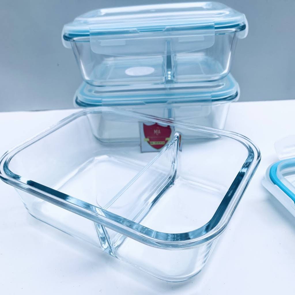 Combo 02 Hộp Mang Cơm Văn Phòng Chữ Nhật 1L 2 Ngăn Viền Xanh - Hộp Thuỷ Tinh Chịu Nhiệt, Chống Tràn - Hộp Đựng Thực Phẩm