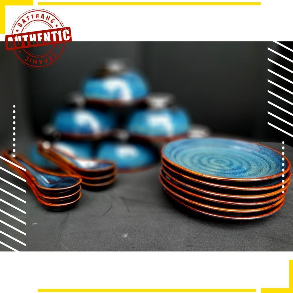 Bộ đồ ăn cơ bản men xanh hỏa biến sản xuất tại làng nghề truyền thống bát tràng
