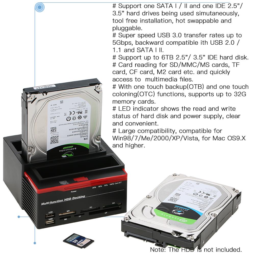 Đế đĩa cứng Đa chức năng 2,5 / 3,5 "IDE & SATA USB 3.0 Ổ cứng HDD Ổ cắm ba-ngăn