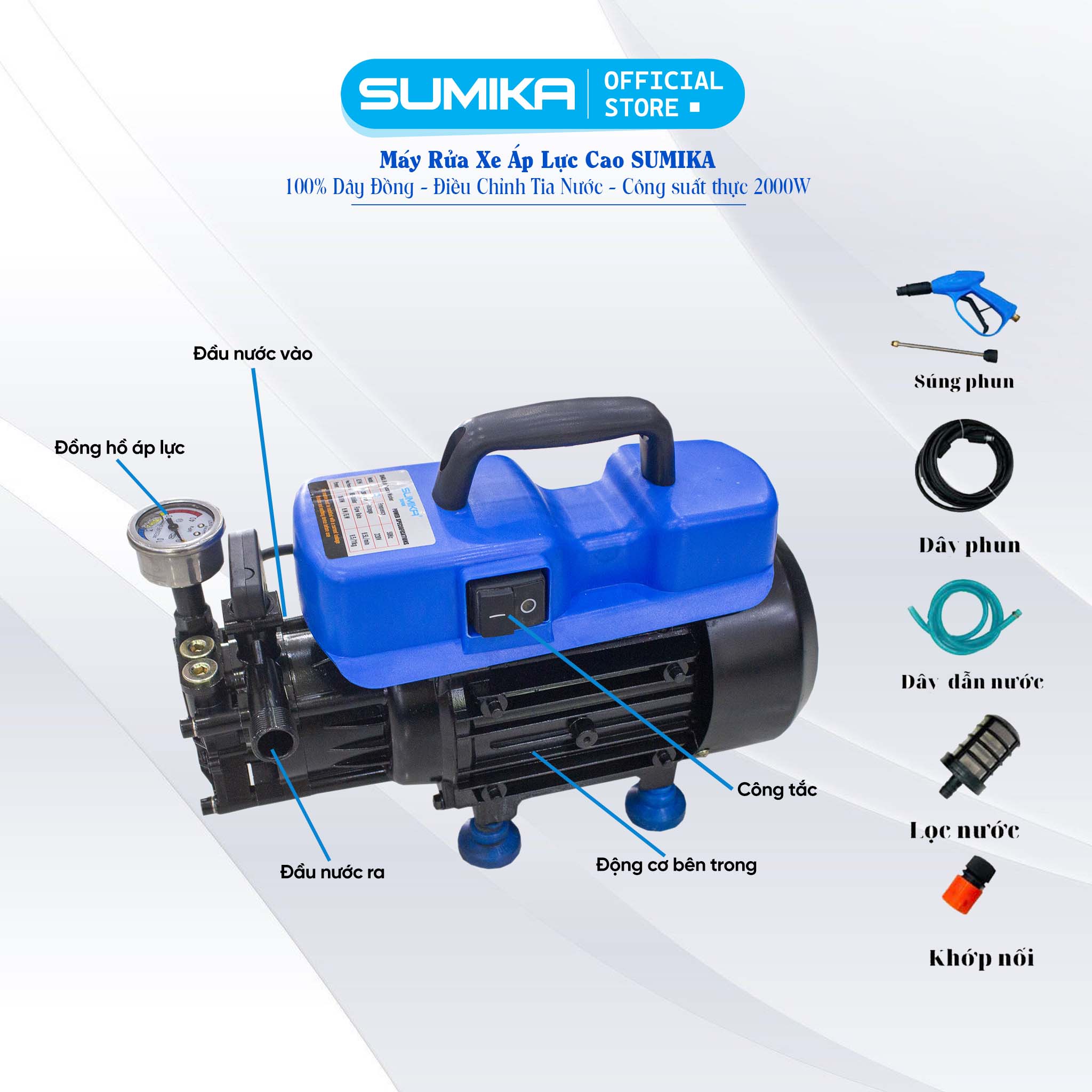Máy rửa xe áp lực cao SUMIKA S8, công suất 1600W, 100% lõi đồng, chế độ Auto Stop