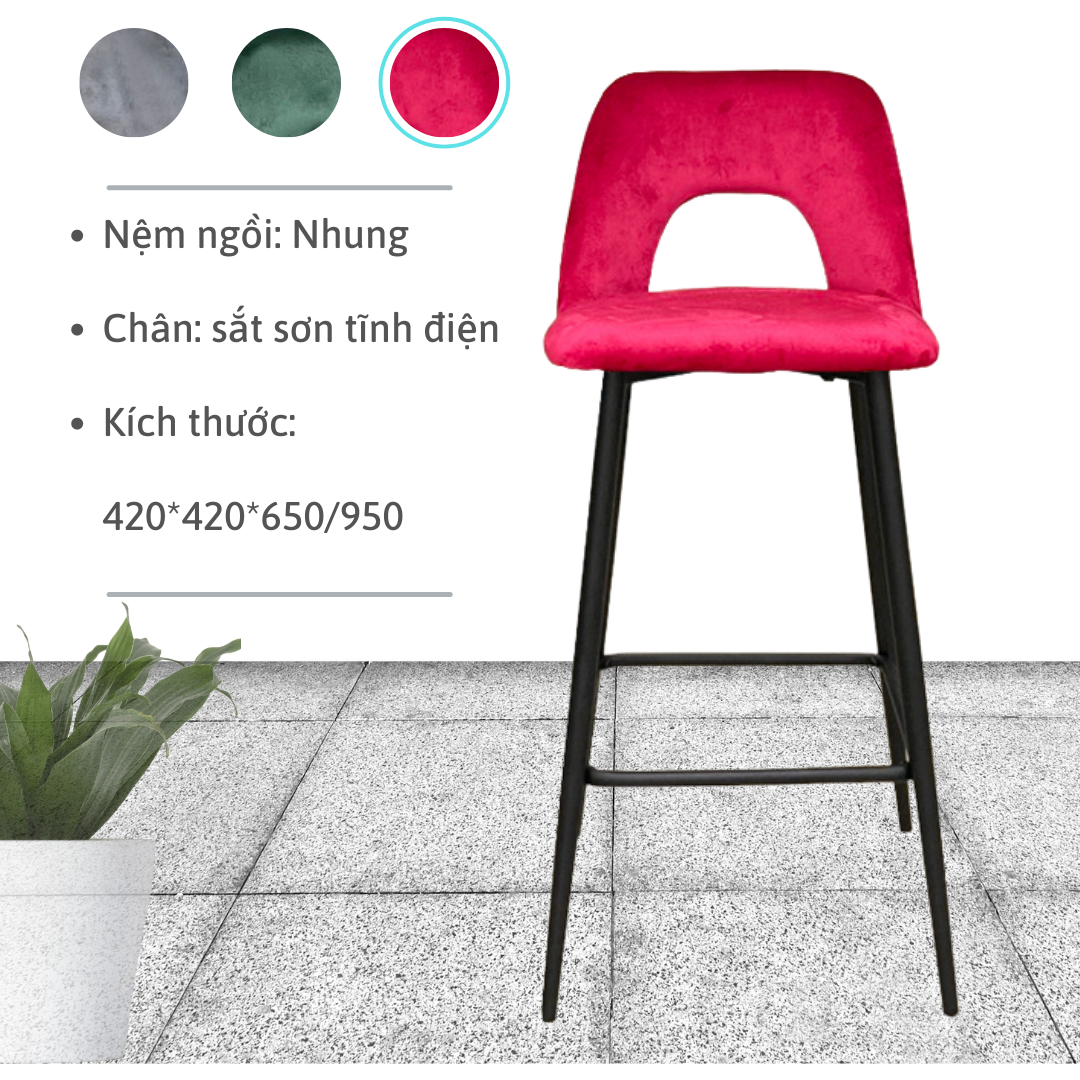 Ghế bar đảo bếp bọc nhung chân sắt tĩnh điện đen chân cao 65 cho nhà hàng cà phê tiệm make up làm tóc /Velvet bar stools / coffee stools / café chairs / livestream chairs / CB LUXE-65F TpHCM