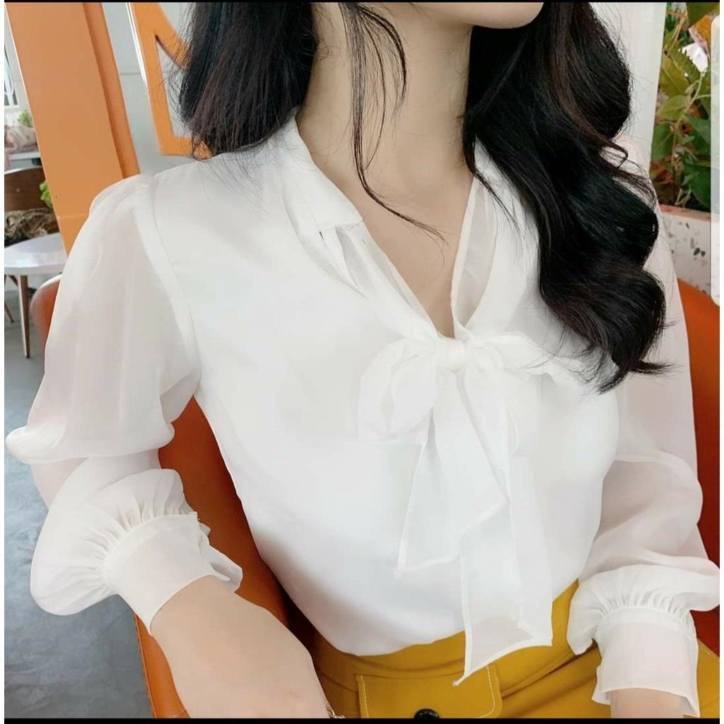 Áo sơ mi nữ công sở thời trang SURI Tơ Voan 2 lớp,áo sơ mi tiểu thư tai dài thắt nơ cổ rất trẻ trung.