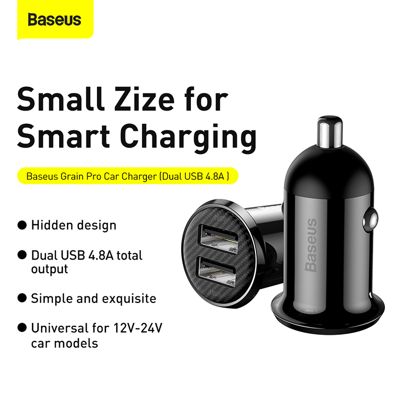 Tẩu sạc 2 cổng USB dùng trên xe hơi Baseus Grain Pro Car Charger - Hàng chính hãng