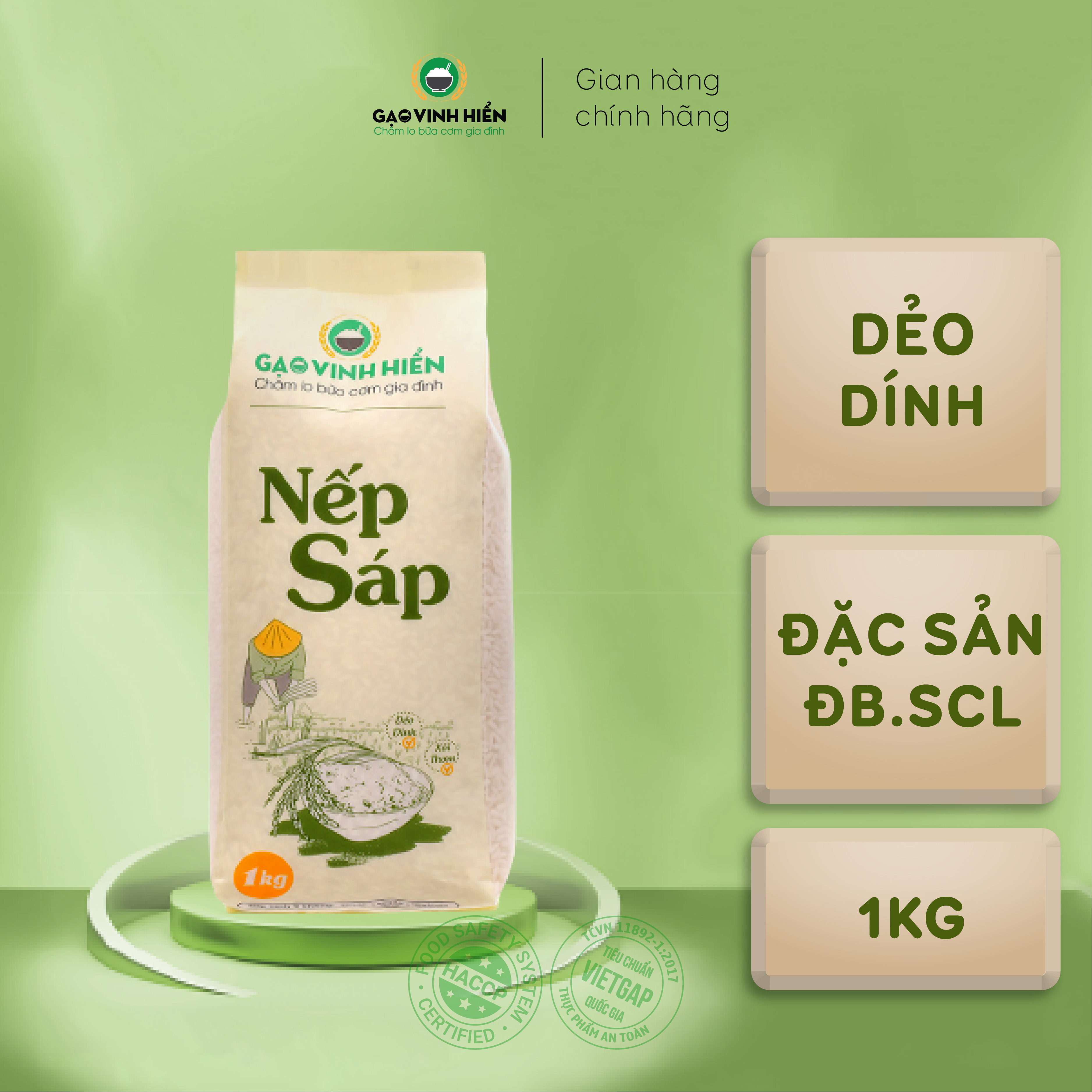 Gạo Nếp Sáp Vinh Hiển túi 1KG Nếp sạch 3 KHÔNG
