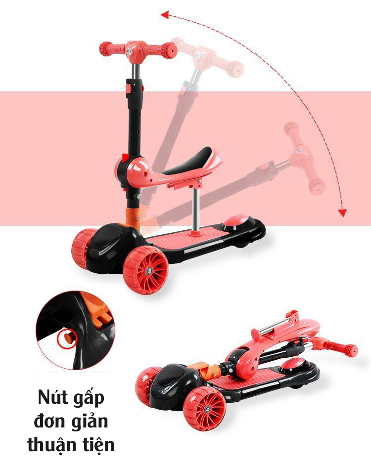 Xe scooter 3 bánh tự cân bằng, xe scooter 3 in 1 cho bé, có ghế gấp gọn, có nhạc và đèn LED bánh xe (yoyođỏ)