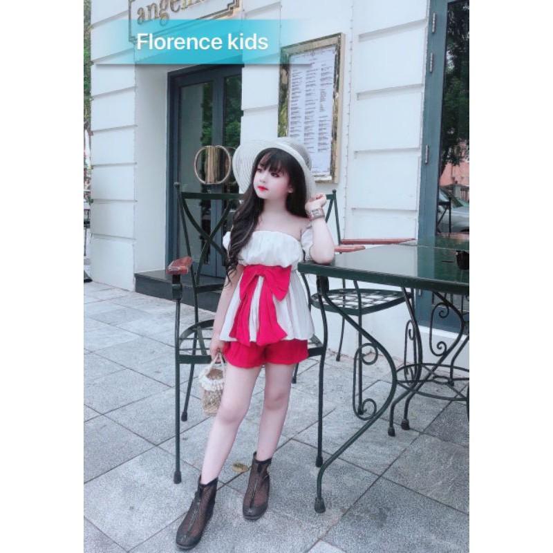 Sét bộ áo trễ vai nơ ngực sang chảnh cho bé gái 15-30kg