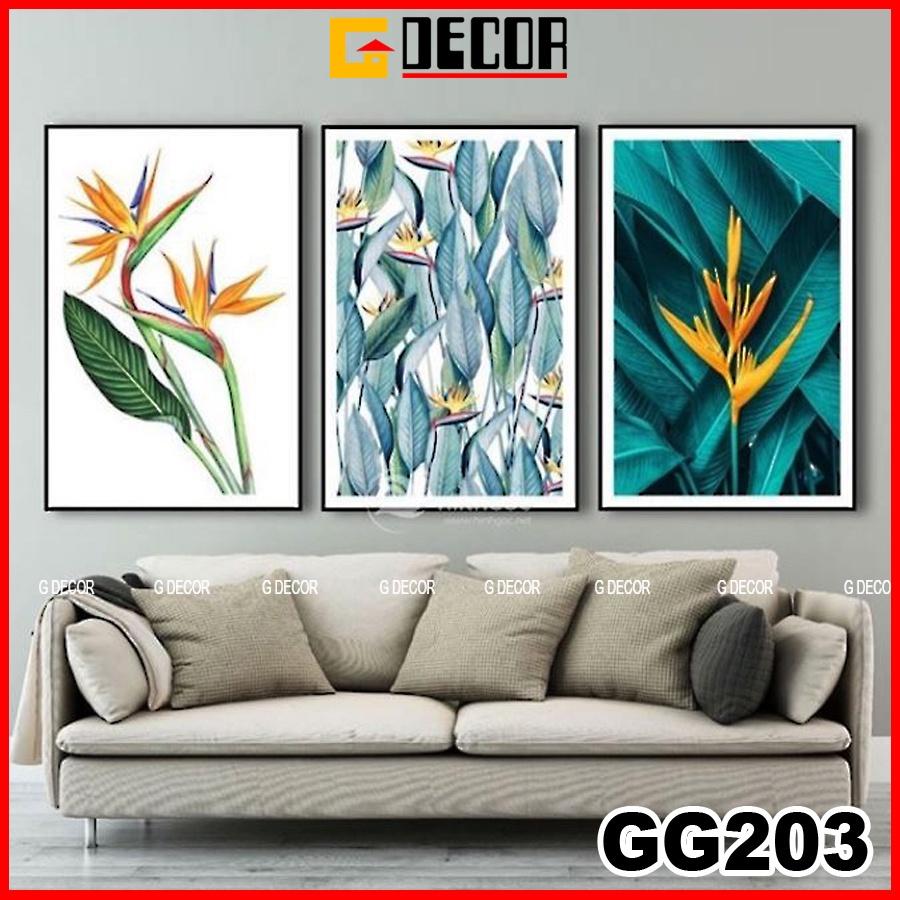 Tranh treo tường canvas 3 bức phong cách hiện đại Bắc Âu 203, tranh hoa lá trang trí phòng khách, phòng ngủ, spa, decor