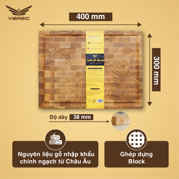 Thớt Tần Bì (Ash wood) Vibasic ghép block, kích thước 400x300x38mm chuyên băm, chặt, thái thực phẩm - Hàng chính hãng Bộ Quốc Phòng