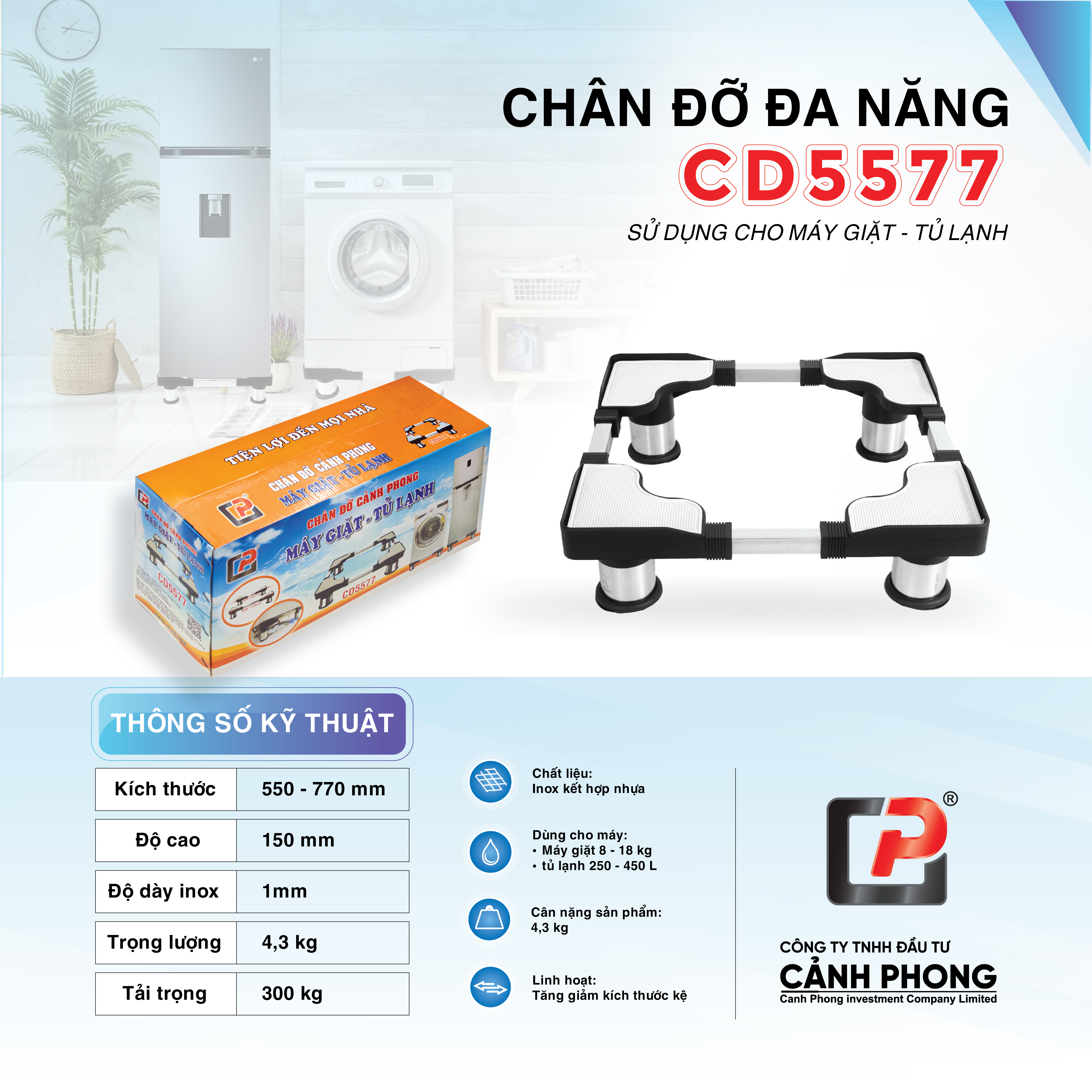 Chân Đỡ Máy Giặt Tủ Lạnh Cảnh Phong CD5577 ( Chân Inox 55-77cm)