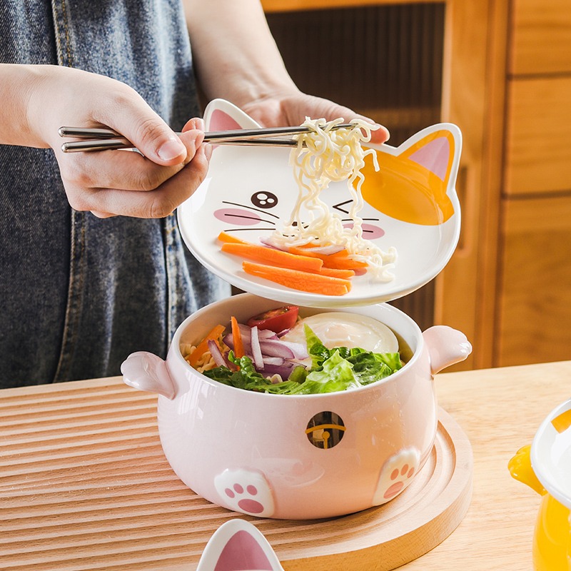 Tô Ăn Mỳ Dung Tích Lớn Có Nắp Đậy Hình Tai Mèo Dễ Thương Anime - Bát Tô Sứ 1080ml Cute