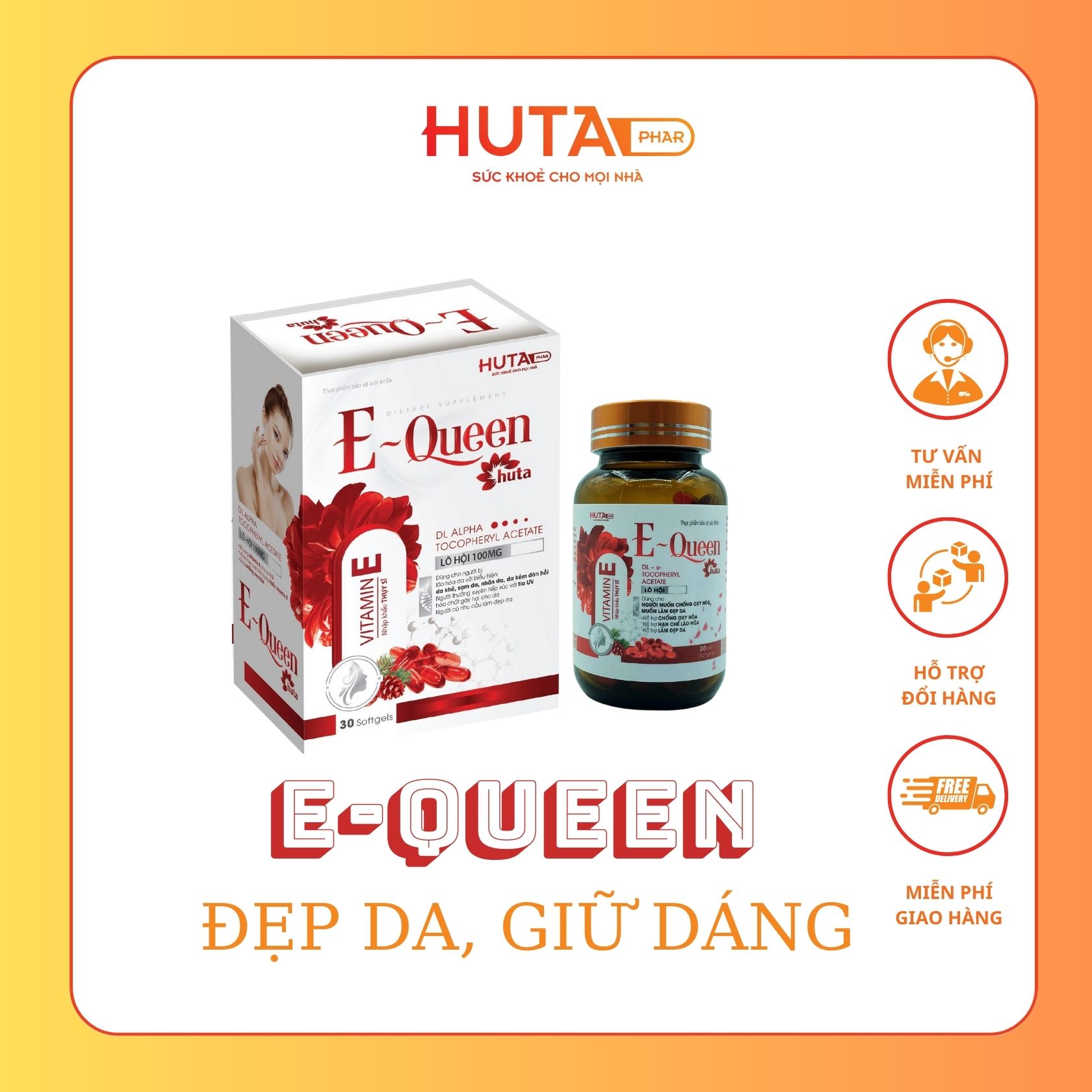 E-QUEEN Vitamin E đỏ 400mg giúp làm đẹp da.