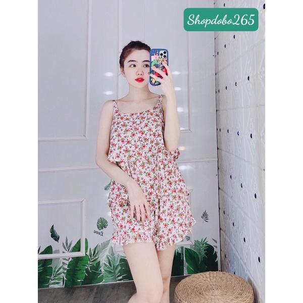 Bộ ngủ 2 dây,đồ bộ mặc nhà đùi tầng vải lụa BN 16 họa tiết hoa nhí siêu cưng size 45-57kg.