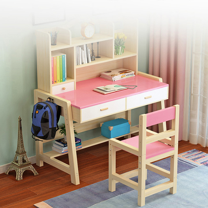 Bộ bàn ghế học sinh bằng gỗ thông, bàn học cho bé, bàn học kèm giá sách BAH046