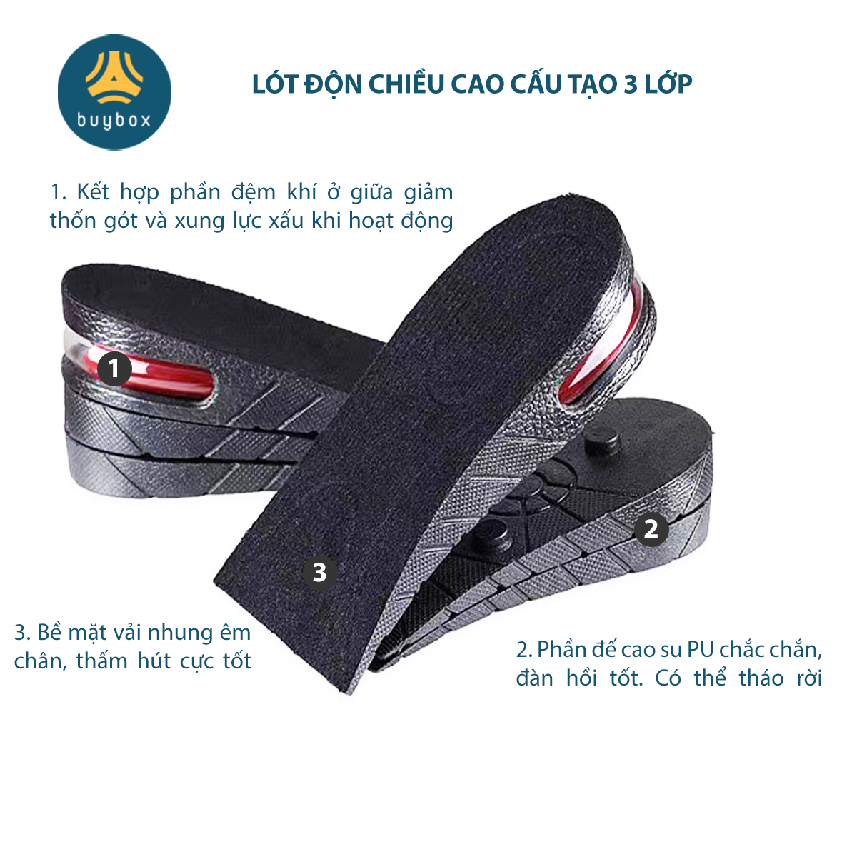 Lót giày độn đế nửa bàn chân tăng chiều cao 3cm, 4.5cm, 6cm  đế cao su dẻo cấu trúc tổ ong thoáng khí - buybox - BBPK354