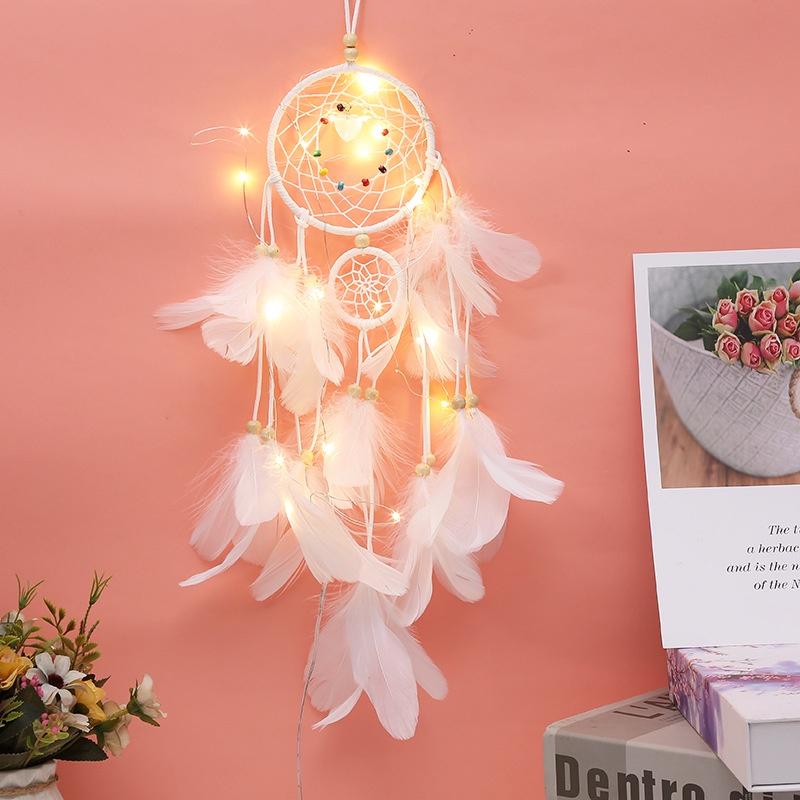 Dreamcatcher Đính Lông Vũ Có Đèn Led Màu Pastel/ Trắng/ Xanh/ Tím/ Hồng Treo Tường Trang Trí Phòng Ngủ Tặng Kèm Móc Dán