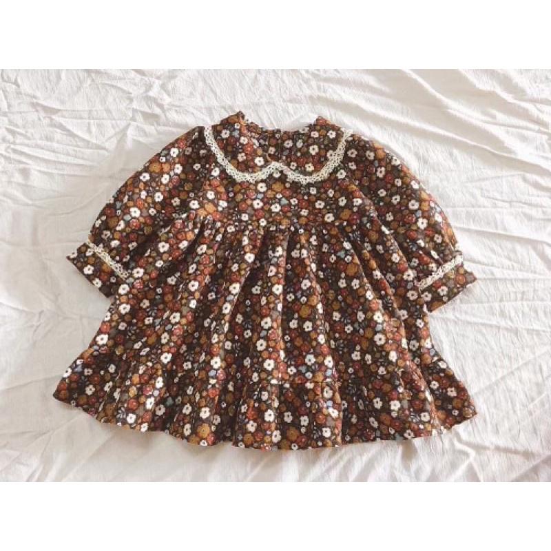 Vải thô cào bông hoa baby nâu mềm ấm may váy áo