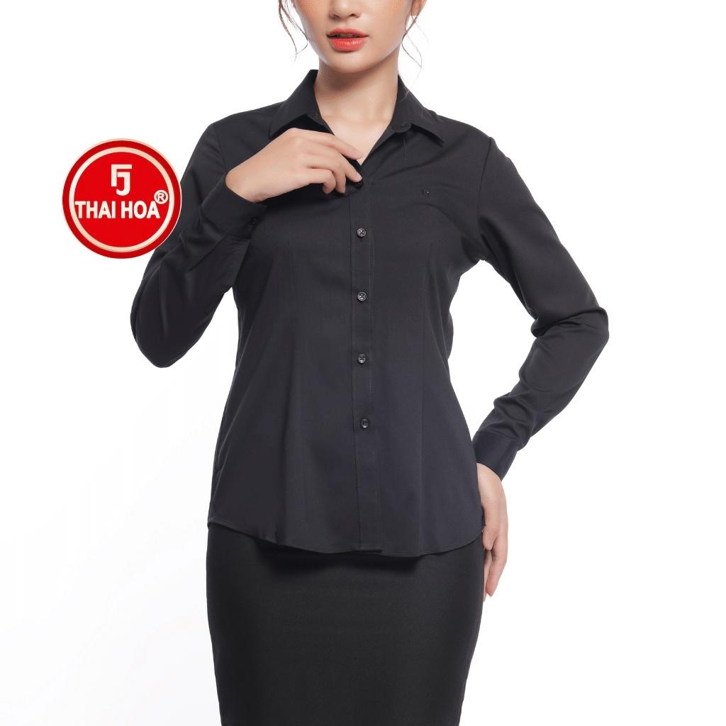 Áo sơ mi nữ Thái Hòa 047-15-01 dài tay chất vải cotton màu đen ôm dáng mặc đi làm