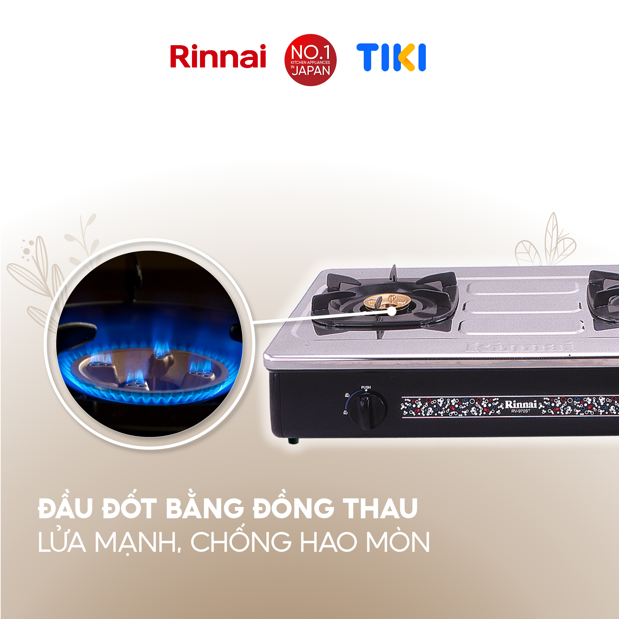 Bếp gas dương Rinnai RV-970(GL) mặt bếp kính và kiềng bếp men - Hàng chính hãng