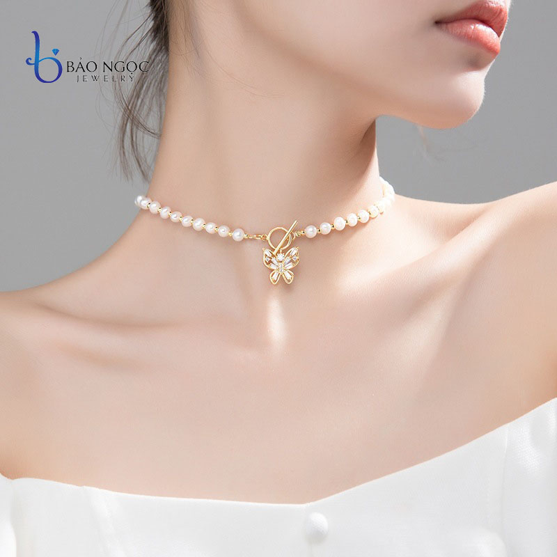 Vòng Chocker Ngọc Trai Nuôi Tự Nhiên, Dây Chuyền Bạc S295 Ngọc Nhí Mặt Charm Hình Bướm Độc Đáo - DB2811 - Bảo Ngọc Jewelry