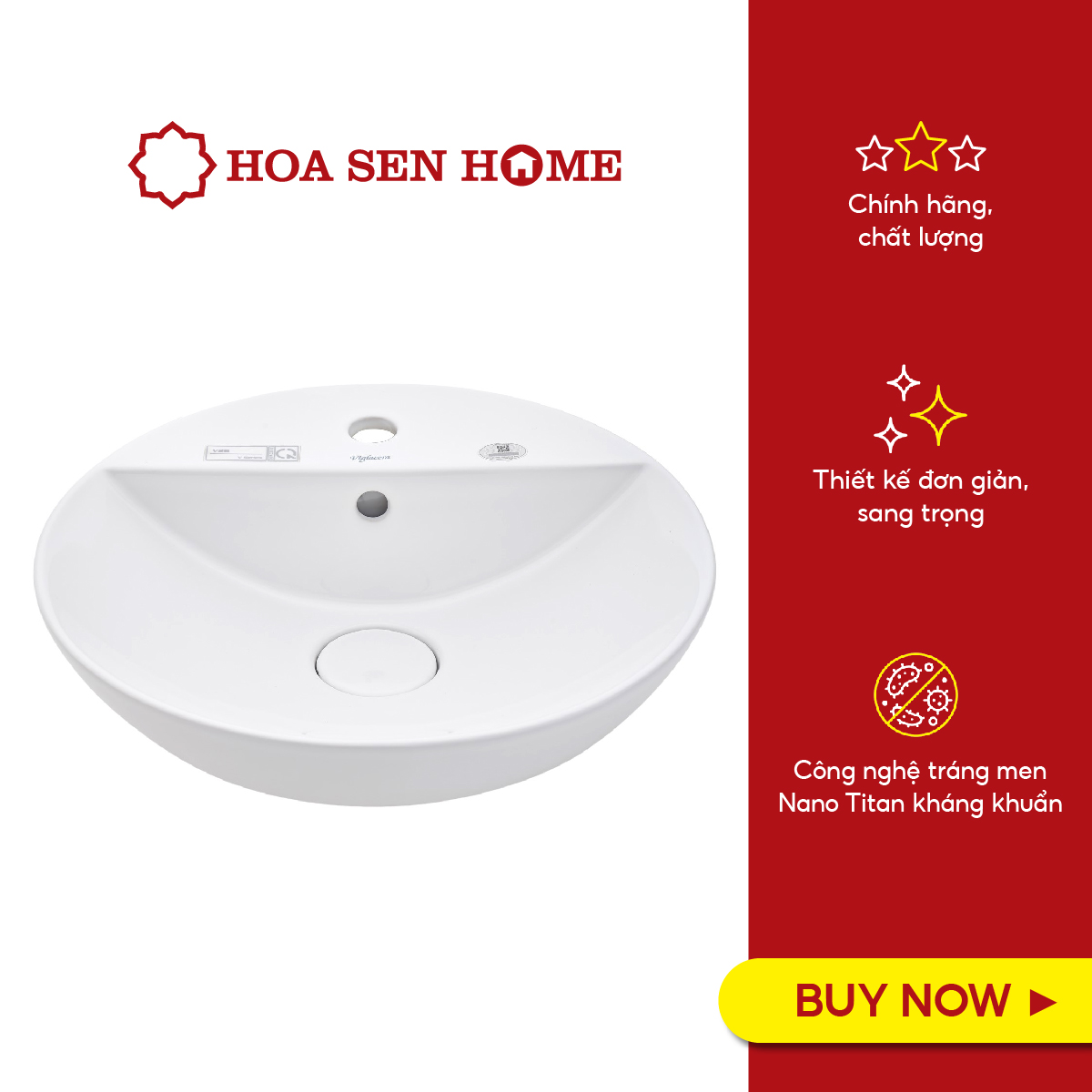 Lavabo bán âm bàn Viglacera V26, chất liệu sứ Ceramic phủ men Nano độc quyền, công nghệ Italia kháng khuẩn đến 89% - Hoa Sen Home - Hàng chính hãng